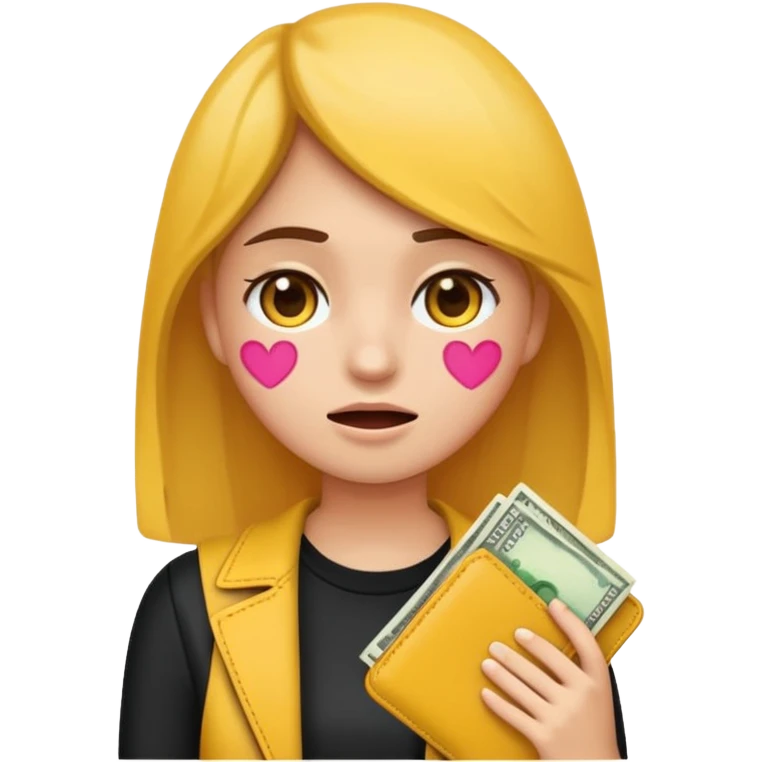 Emoji de una chica joven mostrando que no tiene dinero, sosteniendo una billetera vacía, expresión preocupada o triste, estilo emoji moderno y minimalista, colores planos, líneas limpias, fondo transparente. emoji