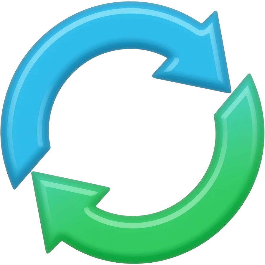 Minimalist flat design icon of two arrows forming a circular swap motion, clean and modern vector style, soft gradient (blue and green), representing replacement or substitution, no text, transparent background emoji