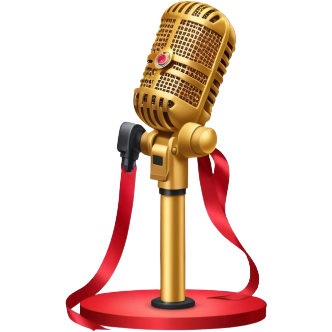 Create a vibrant and dynamic emoji that represents pop vocal performance without people. The design should feature a close-up of a classic stage microphone (retro-style) with a lanyard, set against a stage background. Add concert lighting, a celebratory salute of confetti or fireworks in the background, and musical notes forming a ribbon, symbolizing the performance and creativity of pop vocals. Include subtle elements like a formal stage costume to emphasize the professional aspect. Use bright, bold colors like gold, red, and neon to reflect the energetic and glamorous nature of pop vocal performance. The background should be transparent. emoji