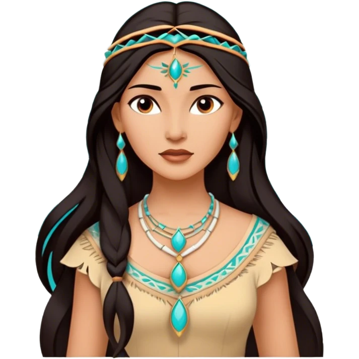 Cinematic Majestic Pocahontas Portrait Emoji, rendered in a clean, vector-style with bold shapes. Show Pocahontas with a serene, noble expression, radiant sun-kissed skin, and elegantly flowing dark hair, dressed in traditional garments with subtle turquoise accents. The design radiates a majestic, natural glow, high shine, and a soft glowing outline, capturing her regal beauty. emoji