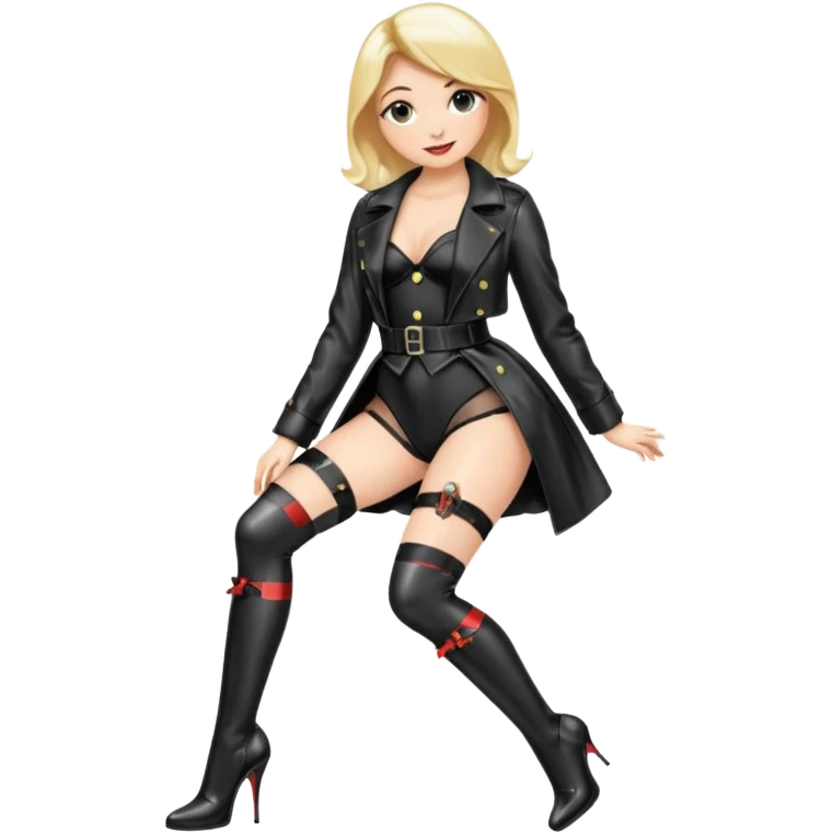Create an female emoji with stockings and garter belt wearing a shiny wetlook coat and shiny high heel boot that go below the knee emoji