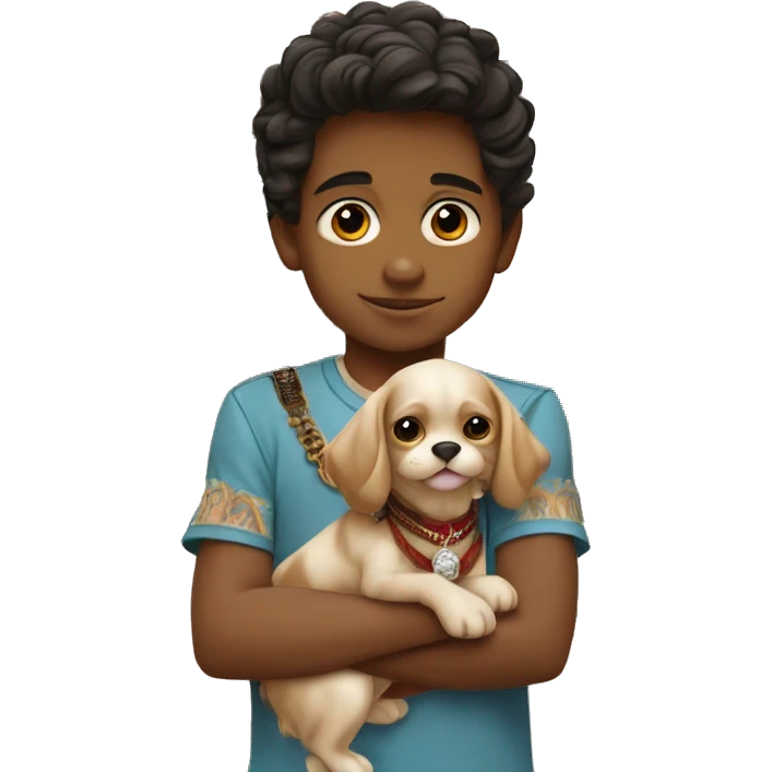 A cute boy of 5 years old with an Indian skin color wearing Gucci and standing infront of a modern Indian mansion. The boy is holding a cute puppy emoji