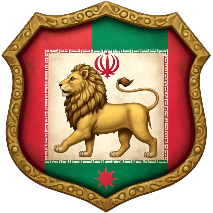 rectangular shield with the flag of Iran, with a lion and a sun emoji