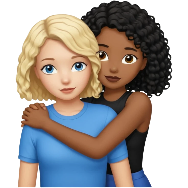 Girl best friends, one white with blond bob and blue eyes, one shorter black girl with long black curly hair, hugging emoji