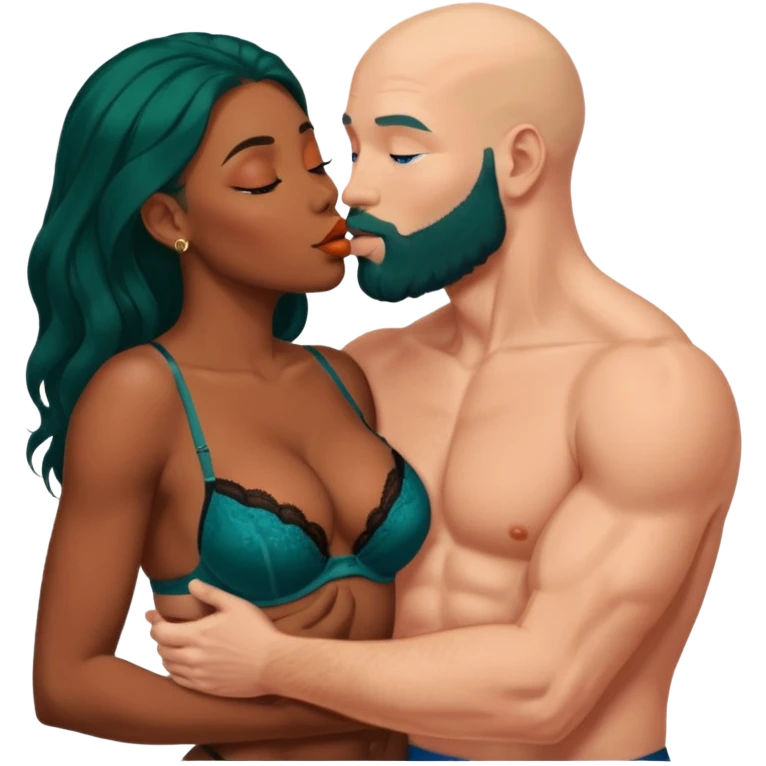 Muscular Bald white male who has a orange beard & blue eyes, passionate kissing curvy African American dark brown woman who has long brown/black hair wearing dark green lingerie Laying in bed displaying love, tenderness, physical romance, pair-bonding & affection, caress  emoji