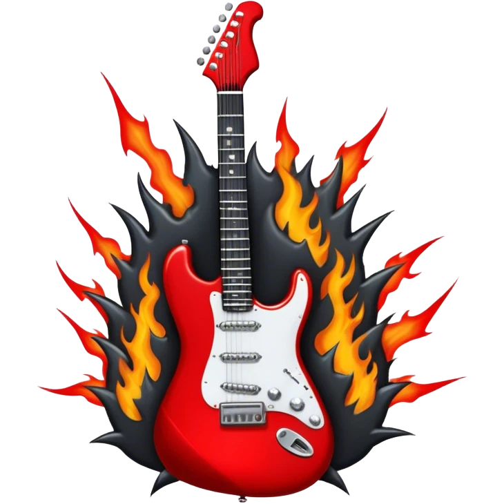 Create a bold and powerful emoji representing rock vocal performance in a humanless collage. The design should feature a vintage microphone at the center, surrounded by a heavy, aggressive hardcore electric guitar with sharp, jagged edges. Include crossed drumsticks behind the guitar, symbolizing the intense rhythm of rock music. Add fiery elements like flames or lightning bolts to enhance the raw energy of the design. Use dark, bold colors like black, red, and silver, with metallic or chrome accents to reflect the rebellious, hard-hitting nature of rock. The background should be transparent. emoji