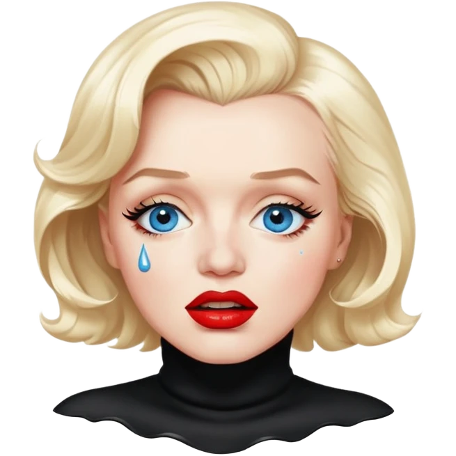 Marilyn Monroe (in black turtleneck)(blue eyes, red lips) (with the closed mouth and teeth not showing) is crying emoji
