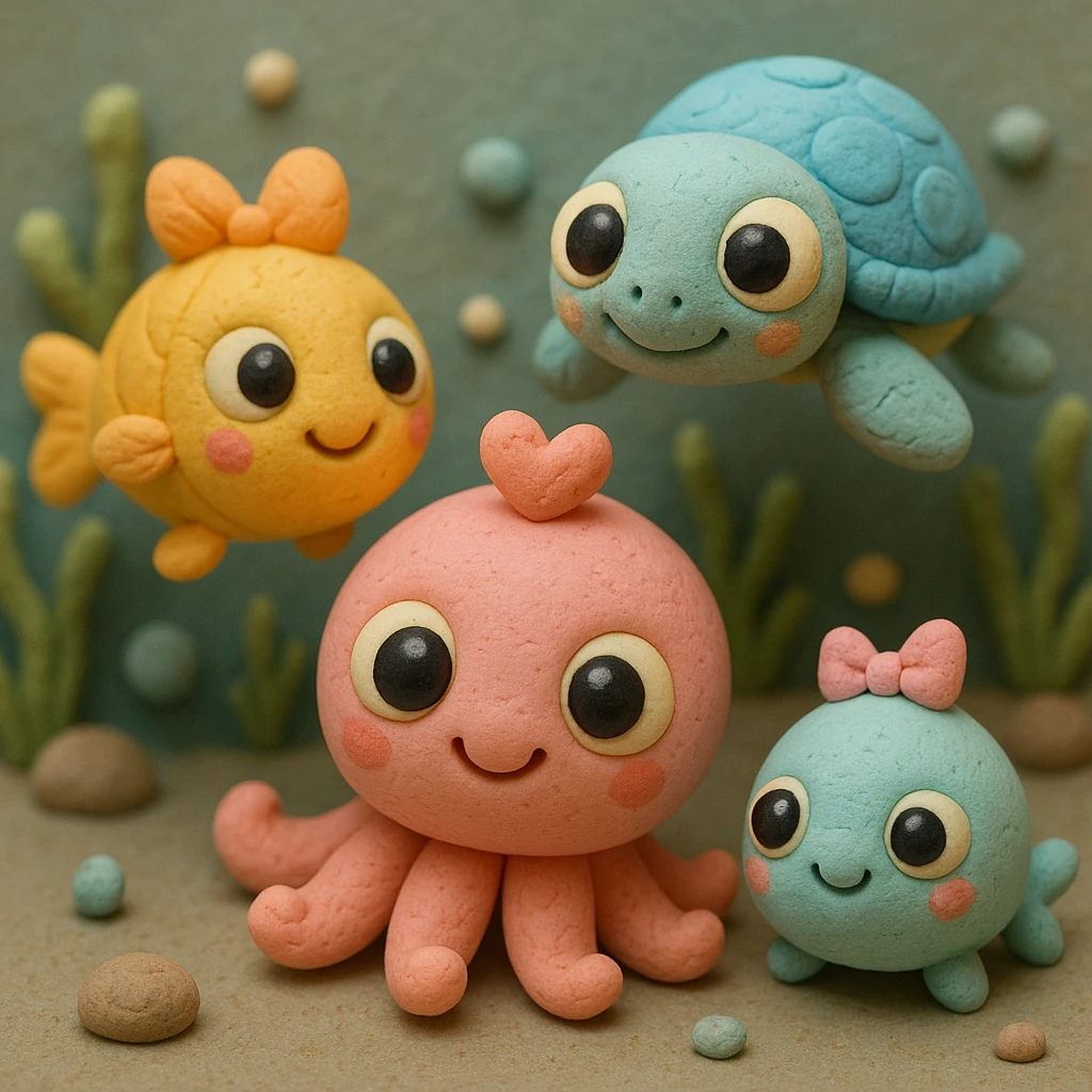 Create more extremely cute, detailed underwater creatures in the same style: shiny, plasticine look, huge googly eyes, tiny bodies, friendly smiles, rosy cheeks, fine textures, soft pastel colors with bright accents, small accessories like hearts or bows, detailed shading and highlights, various fantasy forms. emoji