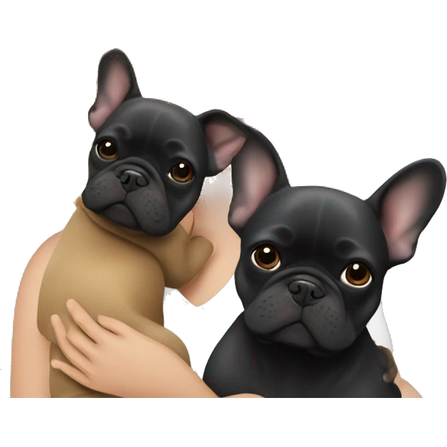 Honey blonde woman hugging a black French bulldog and a dark gray french bulldog emoji
