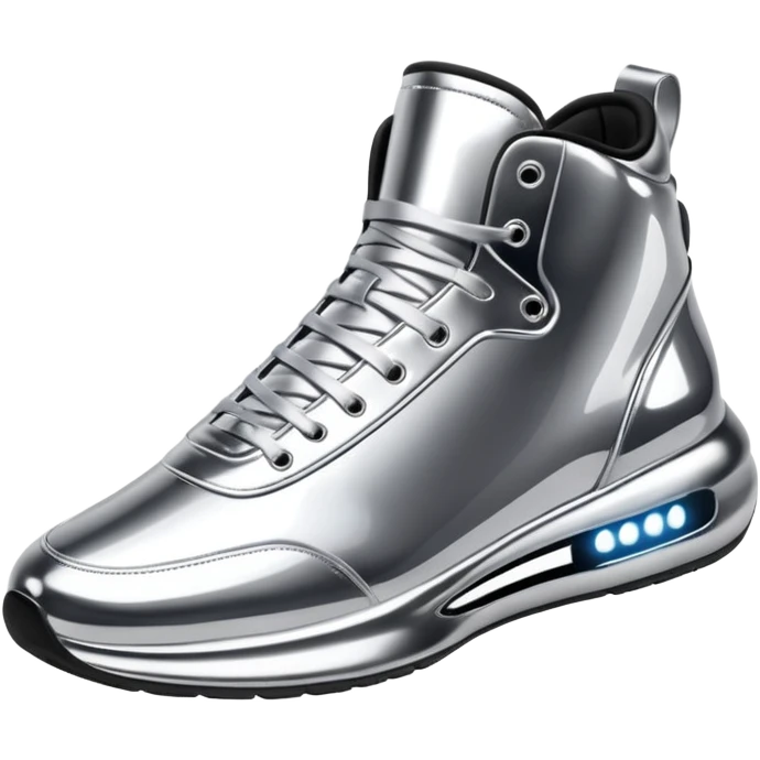 A pair of futuristic sneakers emoji made of silver chrome, sleek streetwear design, smooth metallic panels, subtle reflections, luxury swag aesthetic, iOS emoji style, centered, clean white background emoji