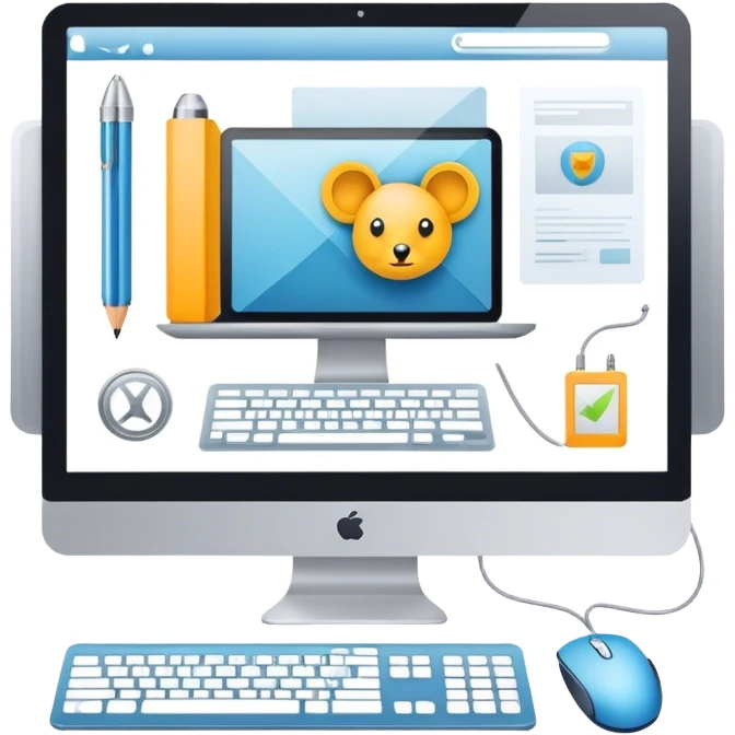 Modern icon for Web Design: computer screen with a website layout, design tools like a mouse and a stilus, web elements such as icons and wireframes. Transparent background. emoji