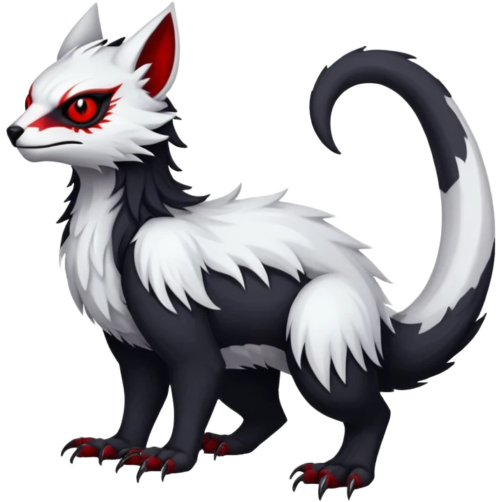 a white exotic edgy vernid-fionbr-Fakémon-creature, with black belly and red eyes, full body emoji