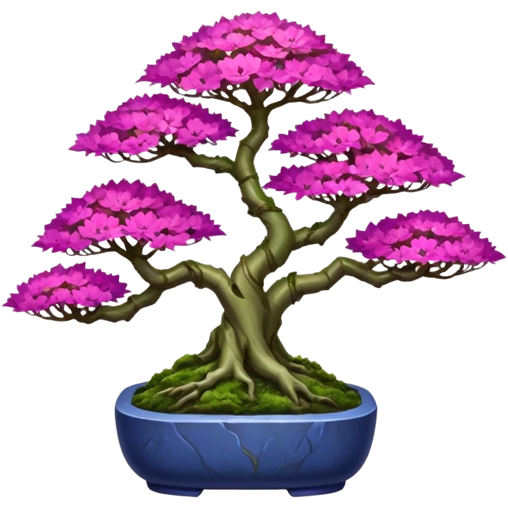 Futuristic wild et alien moss maples Bonsai hair-fine-leaf group crimson crystal azalea purple and cream pink blue informal rocky cliffhanger forest planting in shallow slab style pot  emoji
