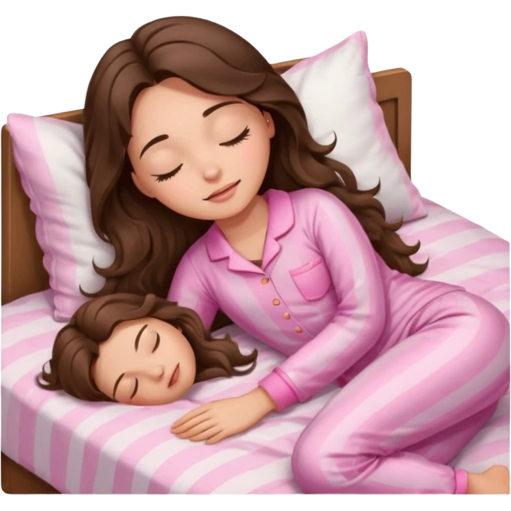 Brunette girl with long wavy brown hair with brown eyes and sleeping on a withe bed with cute pink pjs (just one whirl) and with closed eyes emoji