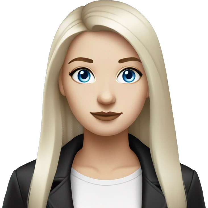 Slavic woman with blue eyes, fair skin, straight gradient medium length hair, goth eyes makeup, dressed in white T-shirt and office black jacket. emoji