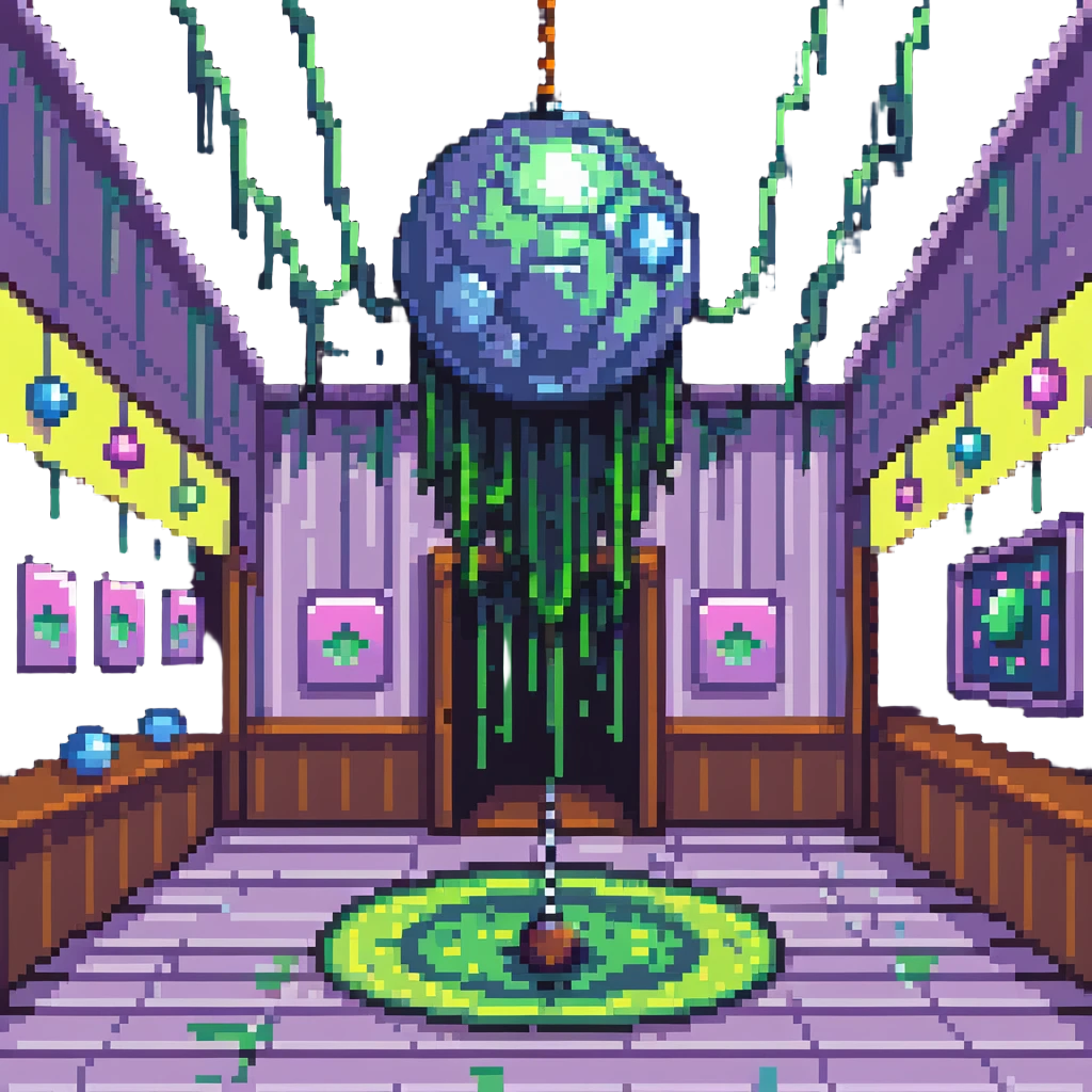 a slimy dance hall with goo dripping from the ceiling and a disco ball in pixel art style emoji