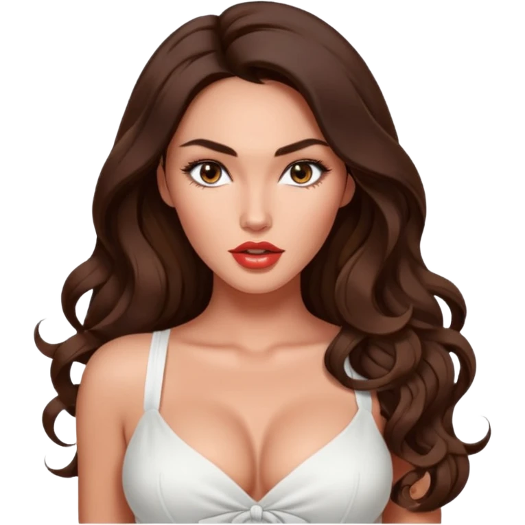 Megan fox, fashion model Beautiful woman model adult   large breasts  with monolid narrow eyes tan skin, full cupids bow lips  long curled brunette hair model white  top gorgeous  emoji