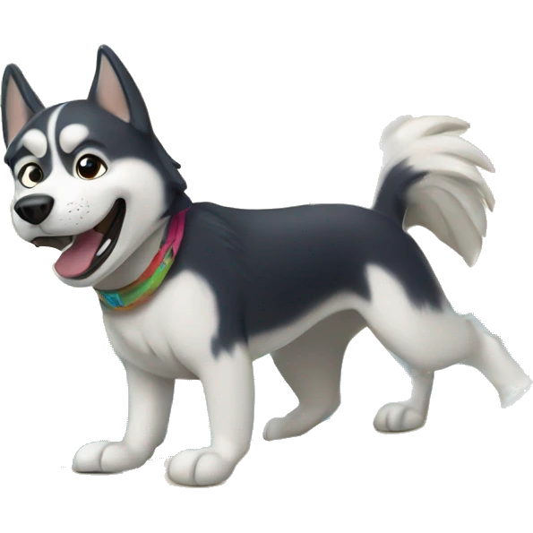a husky dog surfing with palm trees in the back emoji