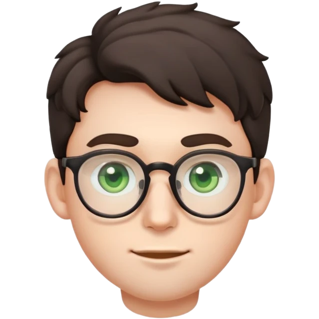 young male emoji with youthful face, poofier slightly curly dark hair, big ears, pale skin, glasses, green eyes, very light stubble emoji