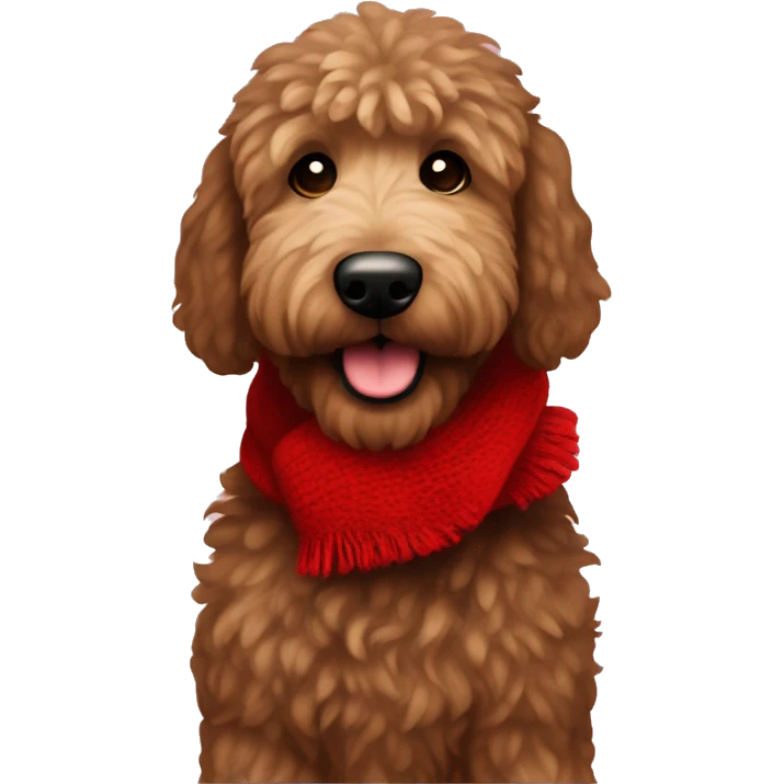 Dark brown golden doodle with fluffy fur wearing a red Christmas scarf emoji