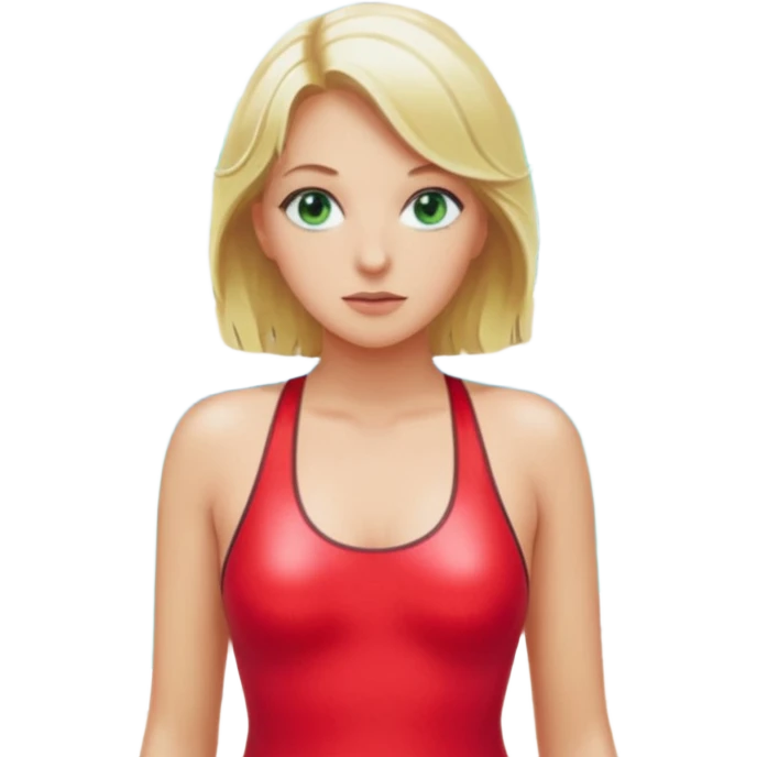 Blonde Woman, Green eyes, Red onepiece, whole Body,Background Indoor pool emoji