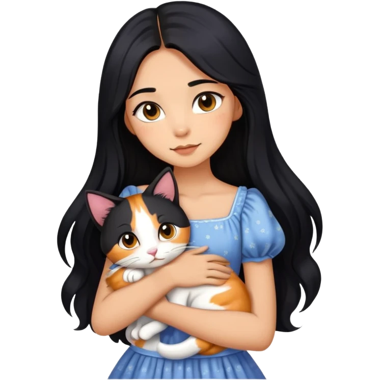 A beautiful girl with long black hair wearing a dress hugs a cat of three colors emoji