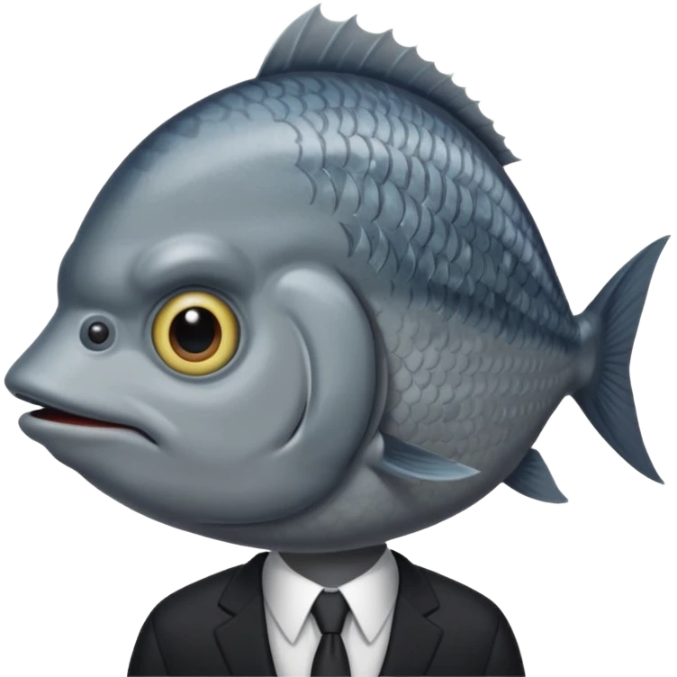 A fish man dressed in a black suit. Its face is grey fish emoji