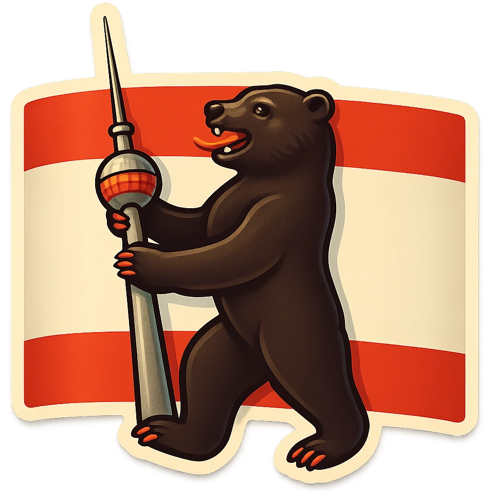 Create an emoji of the Berlin Bear holding the Berlin TV Tower, less cartoonish, with the Berlin flag as the background, no text. The style should be retro stickers style with clear and vibrant colors, maintaining the iconic features of the Berlin Bear but with a more realistic and less cartoonish look, and the bear holding the Berlin TV Tower in its paws. emoji