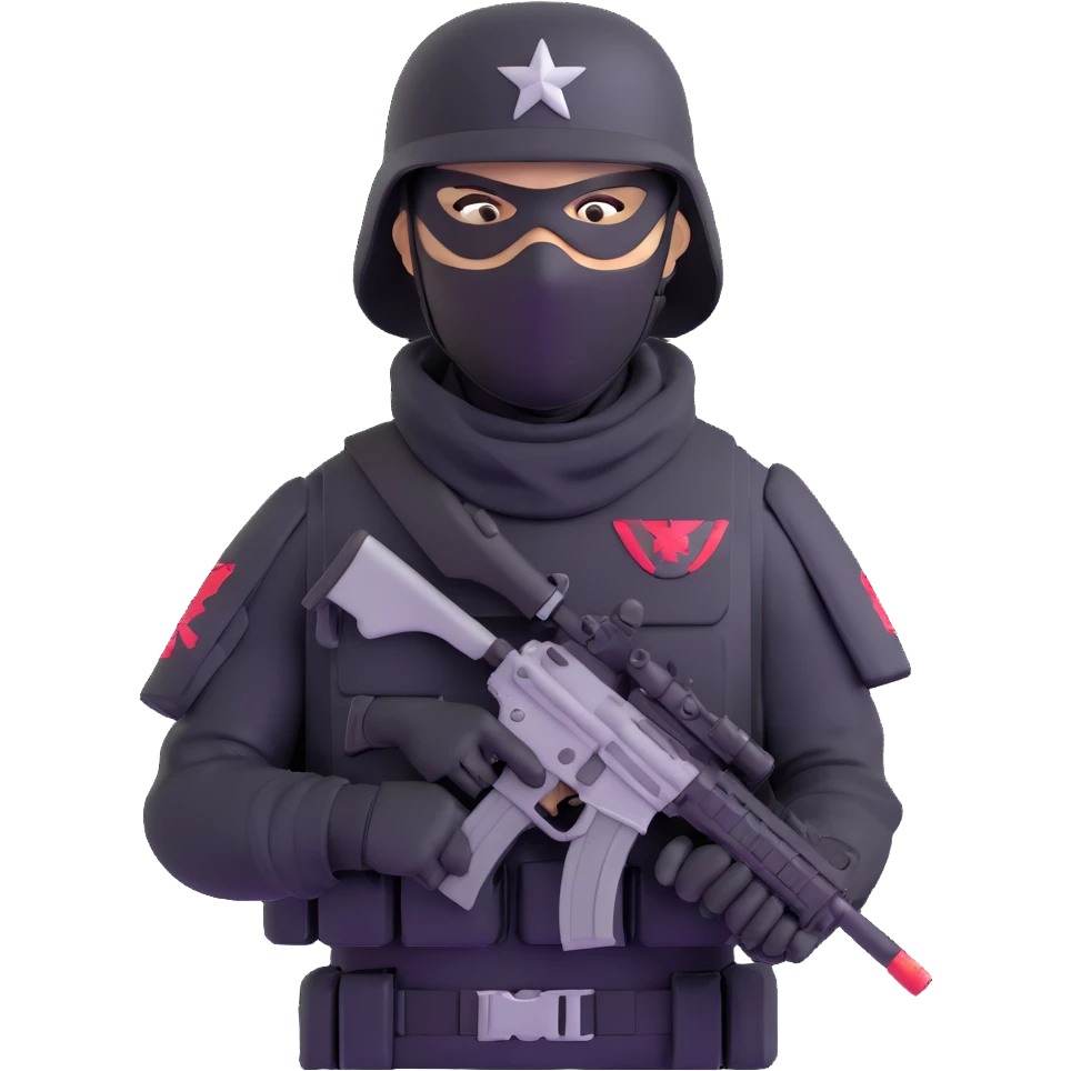 armed figure in all-black military clothing, shiesty mask, and helmet emoji
