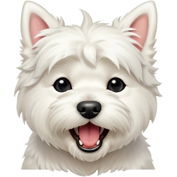 Cinematic Cute Yawning West Highland White Terrier Portrait Emoji, Head tilted slightly with a dramatic, wide-open yawn, showcasing a soft, fluffy white coat with floppy ears slightly drooping and round dark eyes barely open in drowsy contentment, Simplified yet irresistibly adorable features, highly detailed, glowing with a soft, cozy glow, high shine, relaxed yet expressive, stylized with a touch of whimsy, bright and endearing, soft glowing outline, capturing the essence of a sleepy yet affectionate companion, so drowsy it feels like it could stretch out of the screen and curl up for a nap! emoji
