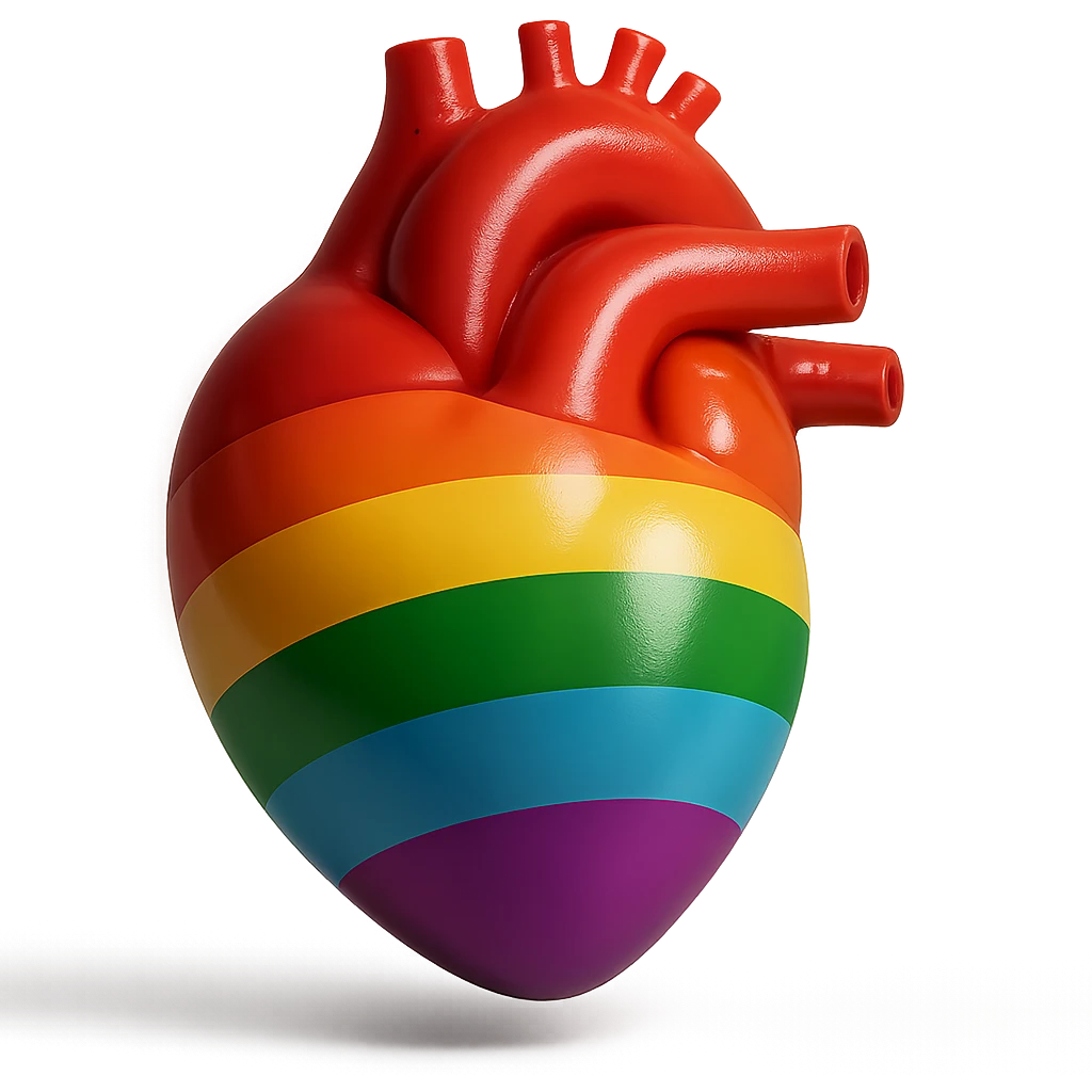 Make the 3D realistic pride heart appear floating with a subtle shadow below in a photorealistic style, no background. emoji