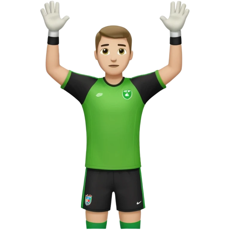 goalkeeper, standing, wearing a green shirt, shorts, socks and football boots, with arms raised emoji