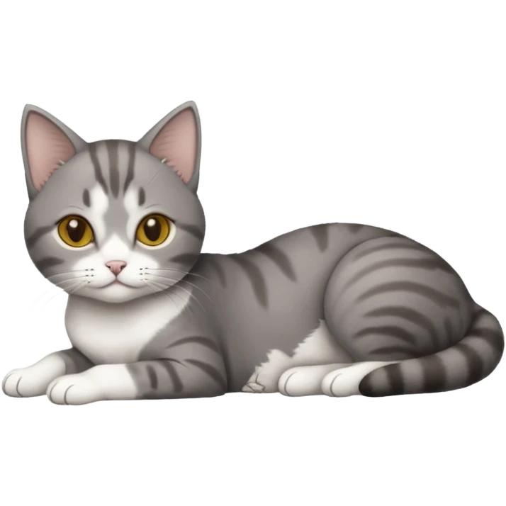 full body tiny short hair dark grey and white cat with hazel eyes lying down emoji