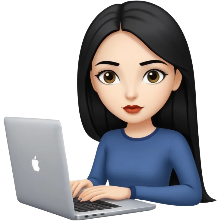 Beautiful girl, with long black hair, straight hair, well-defined eyebrows, big dark eyes, full lips, with a confident expression, with a laptop. emoji