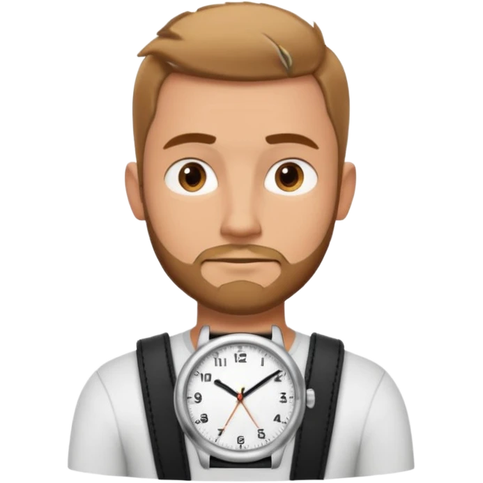 bearded man wearing a black strap watch portrait, head and shoulders only, oval face, short beard, relaxed confident look, black leather strap watch visible, 3D cartoon, mobile game icon style, clean background, no text, no watermark
 emoji