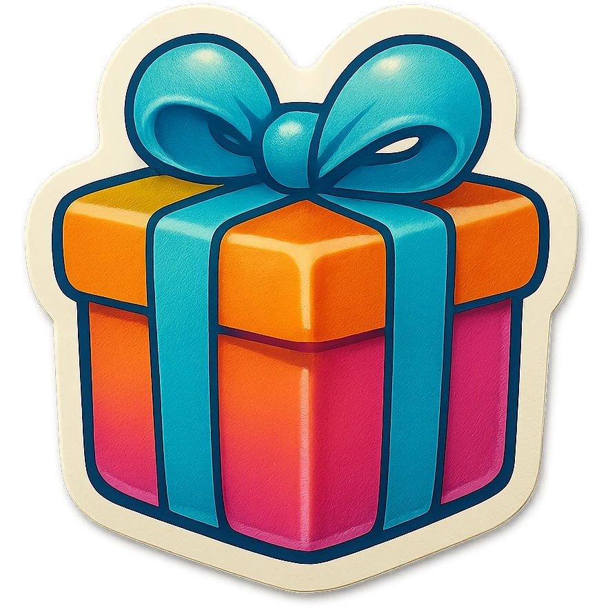single gift box symbol, cartoon style sticker, simple and clear, no text emoji