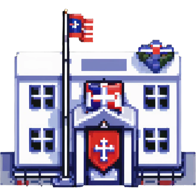 Hospital building with Thai flag on flagpole, medical cross symbol, red white blue striped flag of Thailand emoji