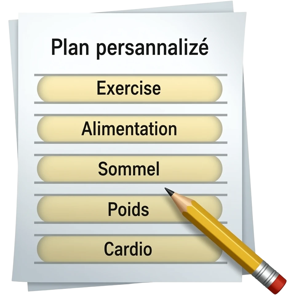 A gym workout plan, with a pencil in the corner and titled "Plan personnalisé" should clearly state the following: Exercice, Alimentation, Sommeil, Poids, Cardio. this is French emoji