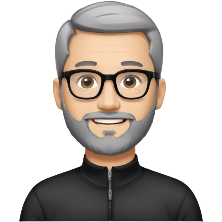 Light-skinned man with short black hair styled upwards, full short graying beard, smiling, wearing large black-framed glasses and a black long-sleeve sports shirt with zip at the neck emoji