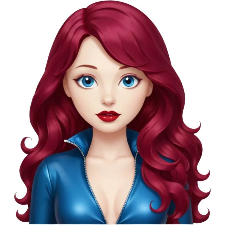 Imagine a beautiful burgundy long wavy hair, pale skin, dreamy, seductive blue eyes, plump vivid red lips,female as an action figurine. Wearing one piece black patent leather outfit emoji