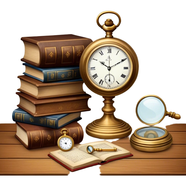 Icon for Antiques Collecting: antique carved  furniture, a vintage pocket watch and a porcelain figurine, all placed on a wooden antique table surrounded by aged books and a magnifying glass. The icon should evoke the elegance and history of antique collecting. Transparent background. emoji