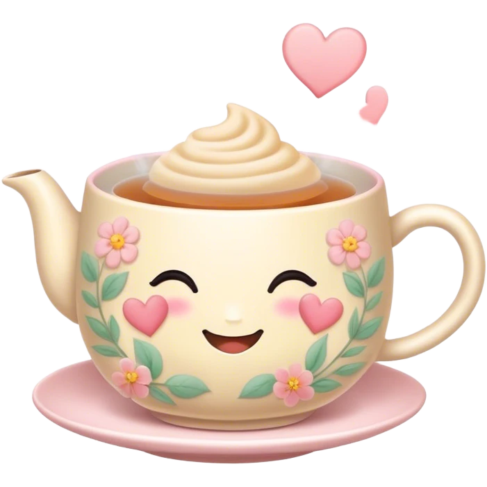 Cute Kawaii Tea Cup, steaming with warmth, a charming smiling face, soft pastel tones, delicate floral patterns, a tiny heart-shaped tea bag tag, cozy and inviting! emoji