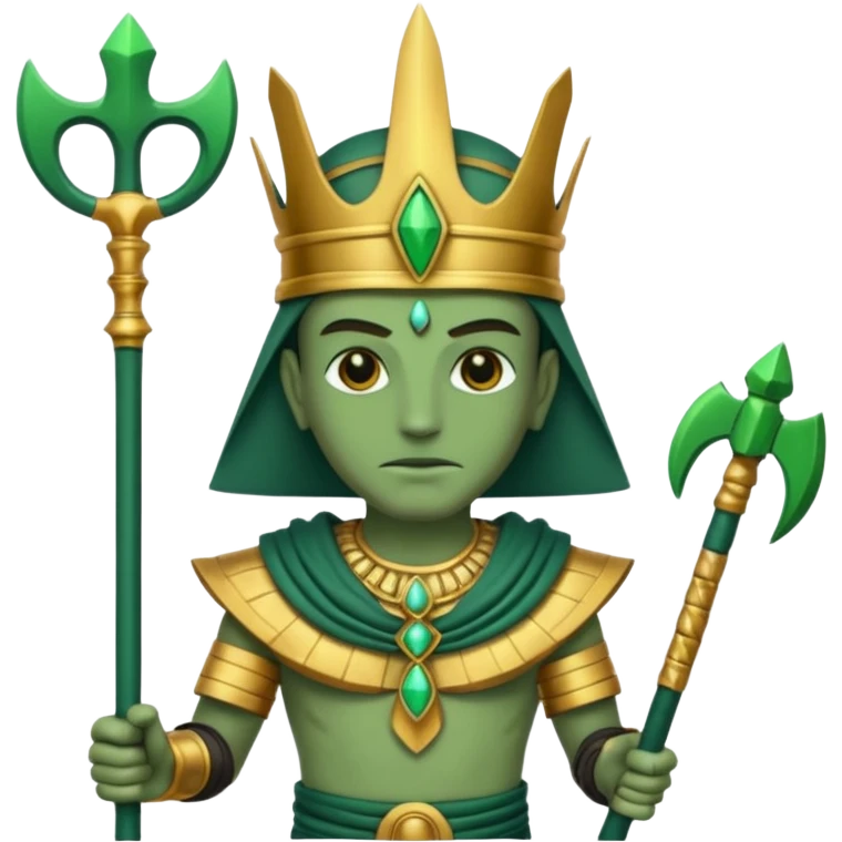 Ancient Egyptian god Osiris with green skin, Atef crown, and holding emoji