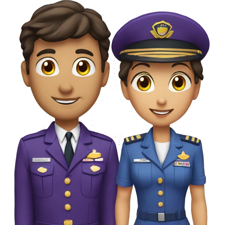 2 latino pilots one man and other woman wearing purpure uniform saying goodbye emoji