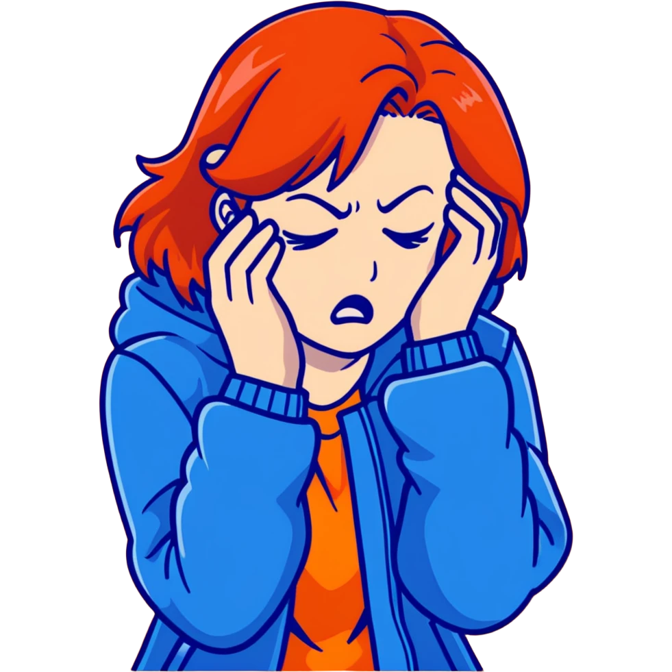 Redhead girl with mid length hair in blue jacket angry facepalm emoji