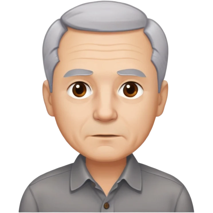 Close-up portrait of René Monclova. Light-skinned older man with round face and broad jaw. Short silver-gray hair with visible receding hairline. Warm brown eyes, thick eyebrows. Neutral expression. Wearing a dark button-up shirt. emoji