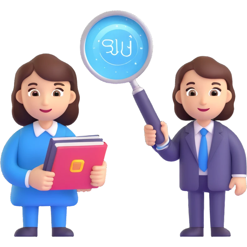 an AI assistant handing a magnifying glass and a book to an employee, with sparkles and speed lines, representing contextual insights, upskilling, and bias mitigation emoji