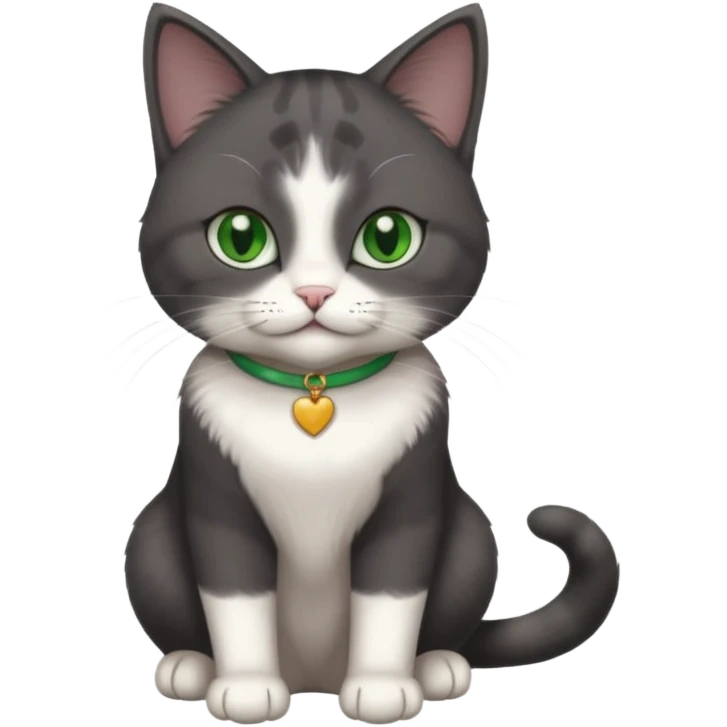 beautiful female solid dark grey cat with green eyes, white toes/paws and white patch on her chest playing emoji