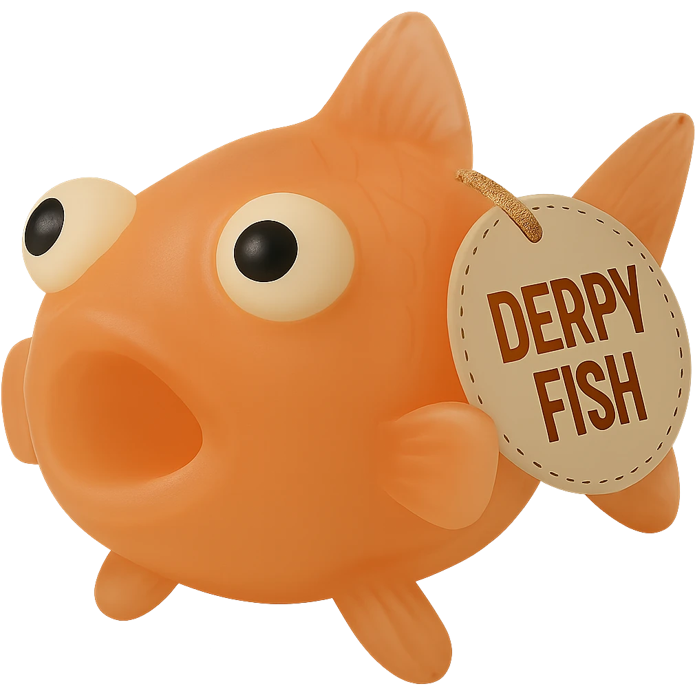 Make the body of this bright orange Derpy Fish just slightly more transparent, keeping the retro 90's toy look, derpy eyes, soft plastic texture, soft reflections, soft and squishy, some cloudiness, not shiny, highly detailed, appealing, with the 'DERPY FISH' tag. Remove the background. Maintain the style and look of the original image. emoji
