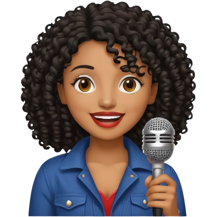 brown skin woman, curly black hair, singer, hold micro emoji